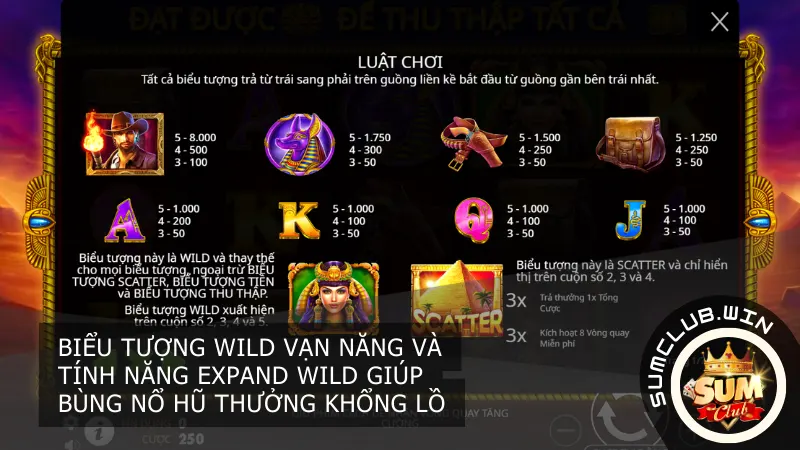 Cấu trúc 5 cột 3 hàng và cách tính dòng thưởng từ trái sang phải trong Nữ Hoàng Ai Cập